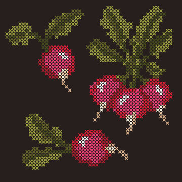 Cross Stitch Red Radishes and Radish Bunch with Green Leaves
