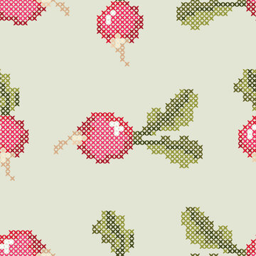 Rustic Vintage Radish Seamless Pattern with Cross Stitch Motif