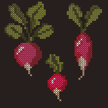 Cross Stitch Set of Red Radishes with Green Leaves on Dark Background