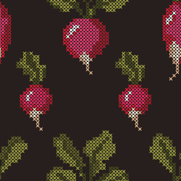 Victorian Rustic Radish Seamless Pattern with Cross Stitch Bunches