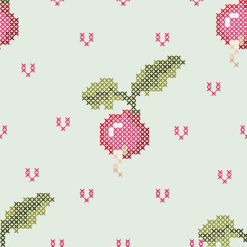 Vintage Radish Seamless Pattern with Floral Cross Stitch Accents