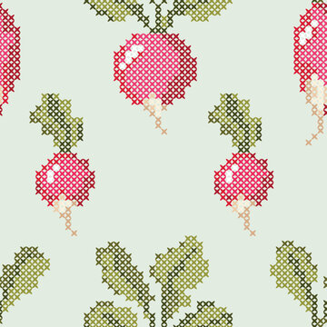 Victorian Rustic Radish Seamless Pattern with Cross Stitch Bunches