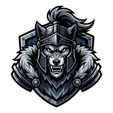 Fierce wolf warrior emblem with shield and helmet.