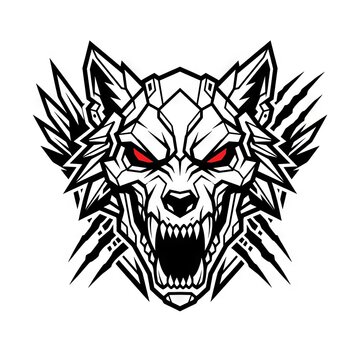 Fierce wolf skull with red eyes and sharp teeth.