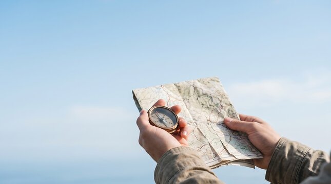 Traveler holds a vintage magnetic compass over a topographical map