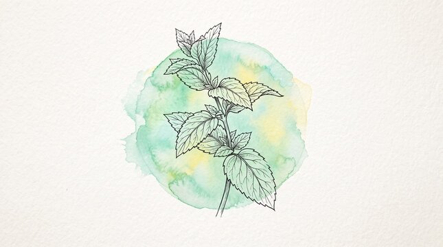 Mint branch botanical line art illustration on green watercolor splash background