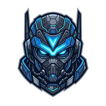 Futuristic blue robot head with glowing eyes isolated on white.
