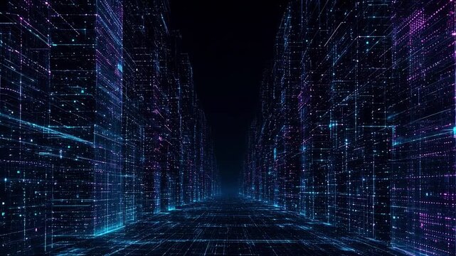 Abstract Digital Cyber City Corridor With Glowing Neon Data Lines and Futuristic Network Infrastructure Technology Visualization