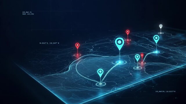 Futuristic Digital Map with Glowing Geolocation Pins and Data Visualization Network in Dark Blue Space