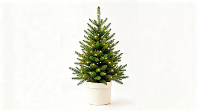 A small green Christmas tree in a white pot decorated with warm fairy lights, set against a plain white background.