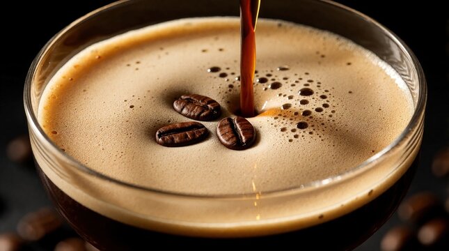 Macro shot of espresso martini cocktail with thick creamy foam. Dark coffee liquid pours into glass. Three roasted coffee beans float on top of drink. Luxury alcoholic beverage served in elegant