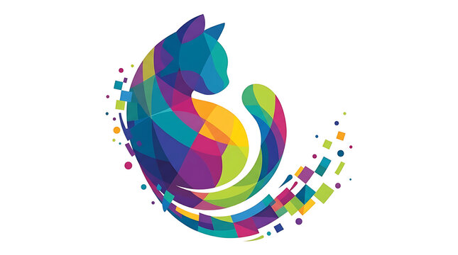 Colorful sitting cat silhouette illustration in abstract geometric pop art style isolated on white background