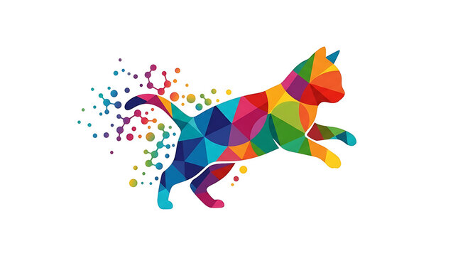 Colorful jumping cat illustration in low poly geometric pop art style isolated on white background