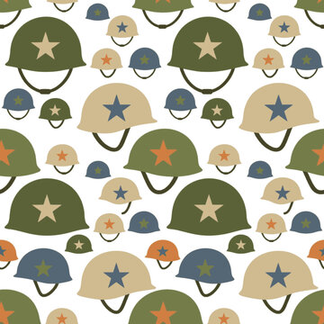 Seamless military helmets pattern background with star symbols on tactical combat headgear illustration.