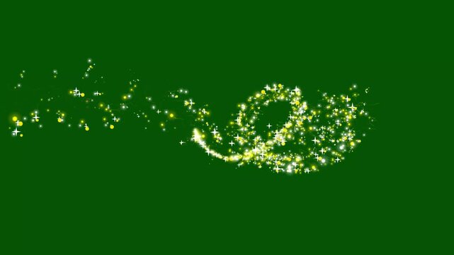 Golden glitter light trails swirling in smooth wave motion with bright starlight heads, magical fairy particle shower transition visual effect overlay on green background 4k