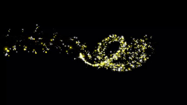 Magical golden glitter trail animation, shining star particles and luminous light path, sparkling comet trace, fairy dust swirl, luxury award effect, Christmas sparkle overlay on black screen, 4k