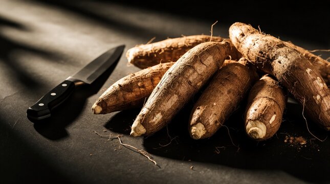Raw cassava roots lie on dark table next to sharp kitchen knife. Fresh tapioca tubers show natural texture under dramatic light. Unprocessed organic vegetable ingredient for cooking healthy meals in