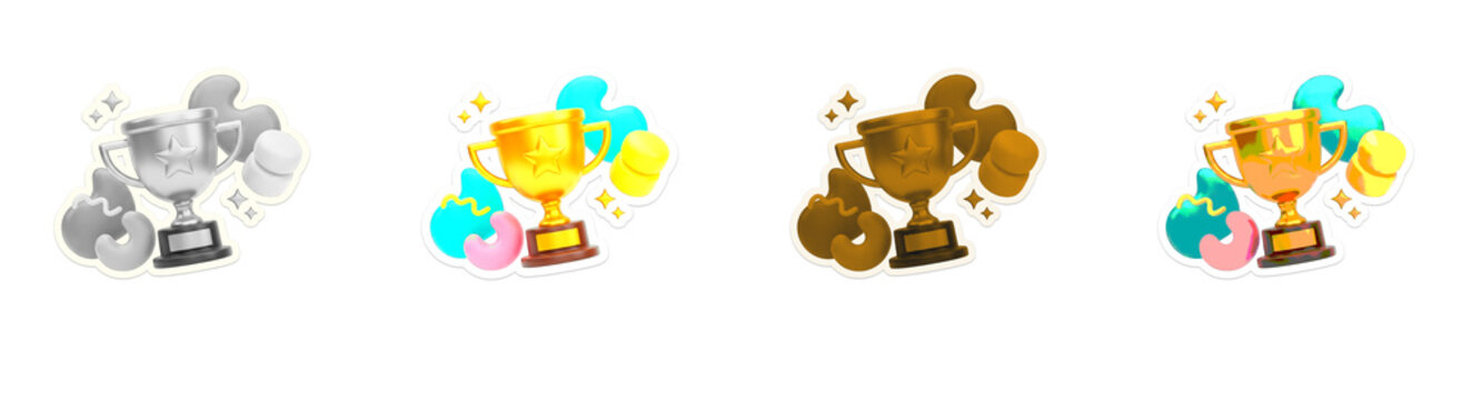 Championship trophy cups with playful abstract soft shapes and sparkling stars sticker set for casual mobile game interface design.