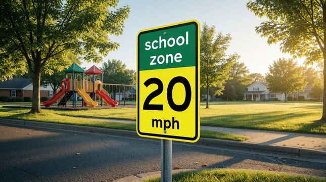 Yellow school zone sign shows 20 mph speed limit on street. Roadside warning sign near colorful playground, green park. Suburban neighborhood area with trees, houses during sunny daytime. Safety