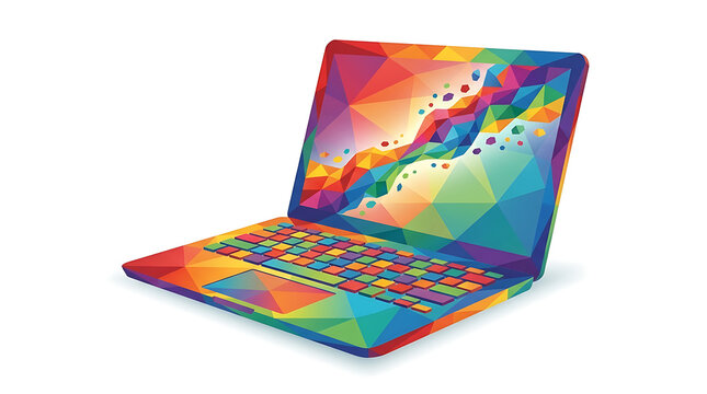 Colorful modern laptop computer illustration in low poly geometric pop art style isolated on white background