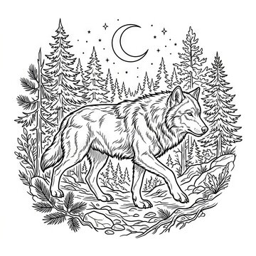 Majestic wolf roams under moonlit forest night.