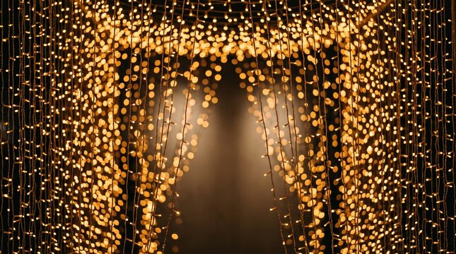 Warm Golden Fairy Lights Curtain Backdrop with Bokeh and Central Opening