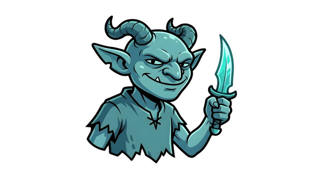 Grinning blue goblin character holding glowing dagger.