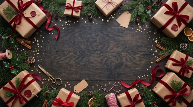 Rustic Christmas Gift Wrapping Flatlay Frame with Kraft Boxes Red Velvet Ribbons and Pine Branches