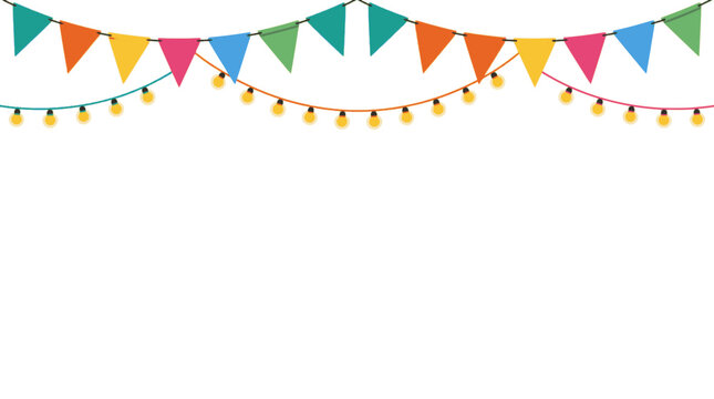 Colorful party bunting flags and glowing string lights hanging border decoration illustration.
