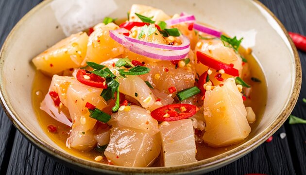Filipino Kinilaw na Isda fresh raw fish cubes cured in vinegar and citrus 