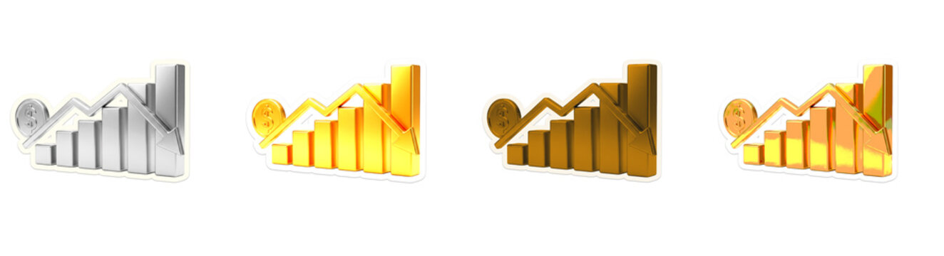 Bar chart decline showing gold silver metallic textures isolated on transparent background for financial loss analysis report data.
