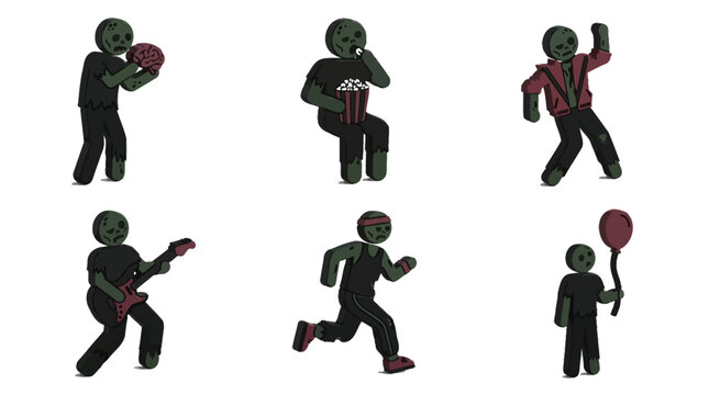 Creative set of black and green zombie icons showing various activities like eating a brain watching movies dancing playing guitar running and holding a red balloon against a plain white background