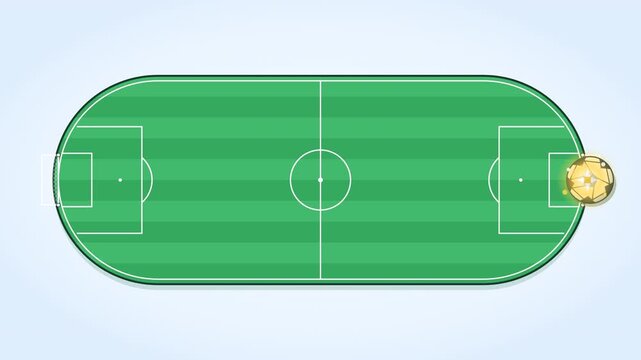 A top view capsule-shaped soccer field features a large ball moving from left to right into the goal, followed by bold GOAL text, creating a modern sports animation for football victories and scoring.