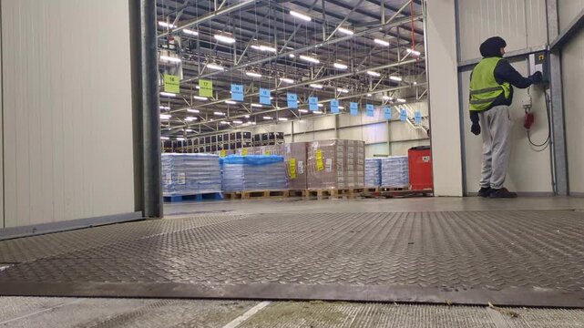 Warehouse worker operating automatic loading dock leveler
