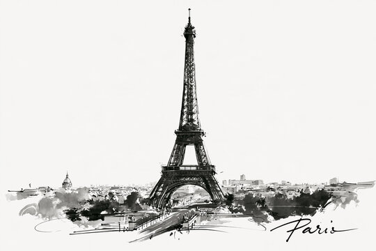 Eiffel Tower, an iconic landmark in Paris, France, rendered as a monochrome ink sketch, illustrating urban travel and tourism