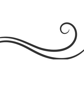 A graceful, flowing decorative swirl in soft dark gray against a solid black background. It consists of two smooth, parallel curved lines that sweep upward and end in a neat spiral curl. Minimalist, e