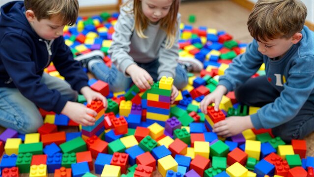 Four children play with colorful building blocks on a vibrant, playful floor.