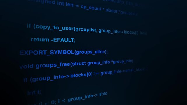 Blue programming code moving across a dark digital background, software development and coding technology concept in 4K animation