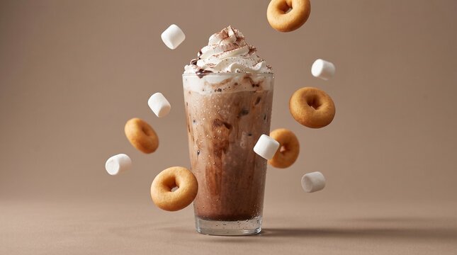 Delicious iced chocolate drink topped with whipped cream surrounded by floating mini donuts and white marshmallows