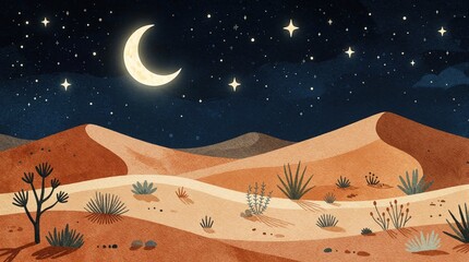 Fototapeta premium Serene desert landscape at night under starry sky. Crescent moon shines bright above sandy dunes, sparse desert plants. Dreamy celestial scenery with calm dunes, nocturnal wilderness. Beautiful night