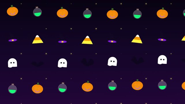 Seamless Halloween Pattern Featuring Cute Ghosts Pumpkins Magic Potions and Festive Candy Corns