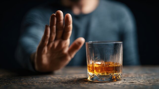 man refuses say no and avoid to drink an alcohol whiskey , stopping hand sign male, alcoholism treatment, alcohol addiction, quit booze, Stop Drinking Alcohol. Refuse Glass liquor, unhealthy, reject