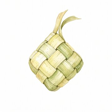 Watercolor ketupat rice cake in woven palm leaves on white background