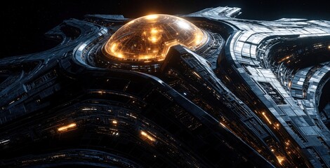 Fototapeta premium Huge futuristic alien spaceship flies through deep space. Massive metal starship with glowing orange dome, bright lights. Advanced sci-fi spacecraft structure travels in dark cosmos near distant
