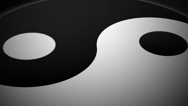 Black and white yin yang symbol rotating and zooming on dark background, harmony, duality and balance concept in 4K animation