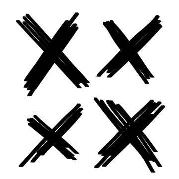Black hand drawn cross marks set, graffiti style delete and cancel symbols isolated on transparent background
