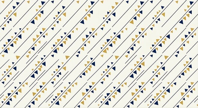 Minimal geometric seamless pattern with navy blue and gold triangles on diagonal lines