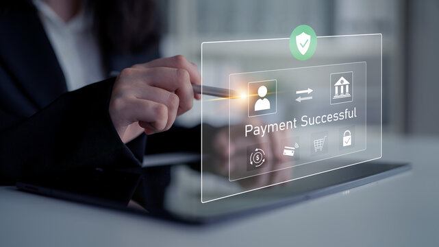 Successful transaction message showing secure payment. Payment confirmed, secured, payment processed, and payment completed with trust and transaction integrity. Latch