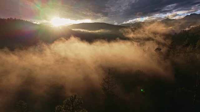 Golden morning sunlight and glowing sunbeams pierce through low-hanging valley fog and heavy clouds over evergreen pine forests in San Juan National Forest, Colorado