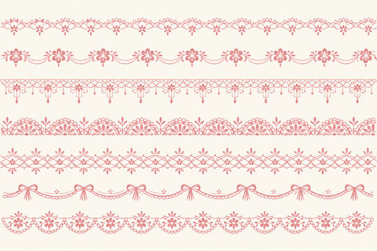 Line heart border with lace scallop vector for edge frame pattern. Cute pink floral with love ornate crochet for coquette frill doily. Geometric wave border with scallop lace stripe.